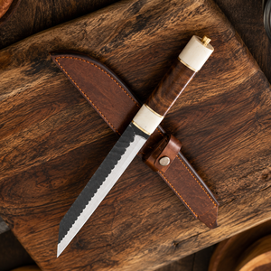 Cuchillo Japonés Hecho a Mano de Acero con Alto Contenido de Carbono, Hoja Fija con Mango de Madera de Ébano y Hueso, Funda de Cuero Genuino, Precio al por Mayor - Product Image 6