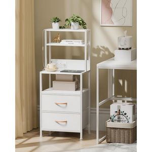 <b>Tall</b> White Nightstand with 4-Tier Shelves and 2 PU Fabric Drawers Bed Side <b>Tables</b> with Light Tube Charging Stati - Product Image 5