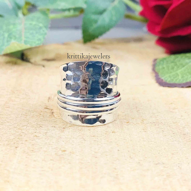 Handmade 925 Sterling Silver Hammered Spinner Ring Women Classic Bezel Setting Fidget Anxiety Wedding Anniversary Parties Third