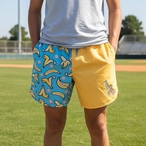 Pantalones cortos de baño para hombre con estampado de béisbol y plátanos, cintura elástica, secado rápido, estilo casual, con patrón de dibujos animados, azul y amarillo - Product Image 3