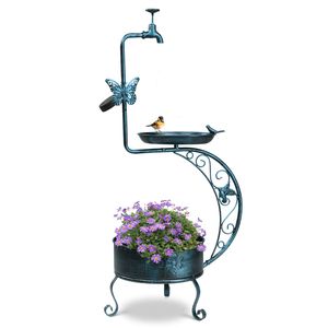 Vasca per Uccelli Antica da 36 Pollici per Esterni, in Metallo Vintage, con Lampada Solare e Fioriera su Piedistallo - Product Image 1