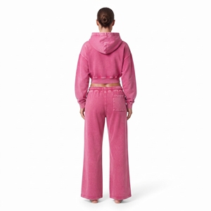 Conjunto de dos piezas para mujer: Top corto con capucha de algodón rosa y forro polar con cremallera y pantalones jogger de pierna ancha, corte regular, hombros caídos, estilo casual. - Product Image 3