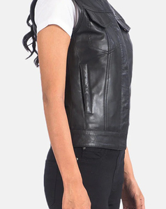 Chaleco de cuero PU negro de alta calidad para mujer, diseño personalizado, con cuello mandarín y bolsillos, sin mangas, 240 g - Product Image 5