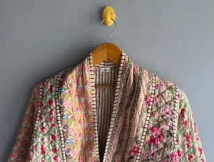 Vintage Woven Quilted Jacket <b>Women</b> Floral Printed Cotton <b>Coat</b> Mandarin Collar Full Sleeve Winter Autumn Wear Gift Her - Product Image 2