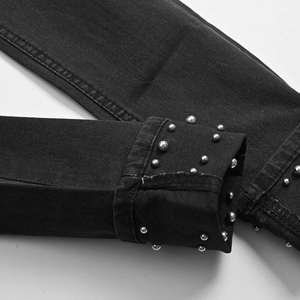 Jean skinny noir taille haute pour femme grande taille, délavé, avec rivets, ourlet retroussé, longueur cheville, style décontracté, fermeture boutonnée, longueur complète - Product Image 3