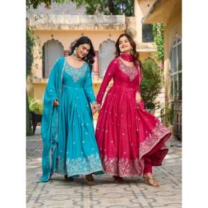 Vestidos de noche de diseñador-Vestido Anarkali para fiestas con trabajo de hilo y secuencia - Product Image 6