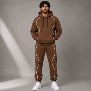 Men's Brown Hooded Tracksuit <b>Set</b> with White Contrast Piping Pullover Hoodie and <b>Jogger</b> Pants for Casual Streetwear - Product Image 1