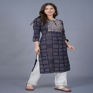 <b>Women</b> Blue Bandhani Printed Embroidery Work Yoke On Neck Kurti with , 3/4 Sleeves Casual Ethnic Wear Straight <b>Kurta</b> - Product Image 4