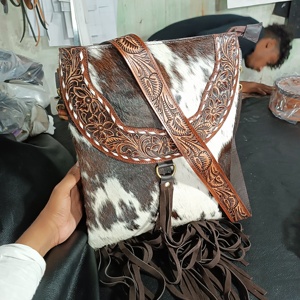 Cowhide Crossbody Bag With Leather Tassel And Floral Tooling Bohemian Style Single <b>Strap</b> Genuine Leather Women's <b>Shoulder</b> Bag - Product Image 2