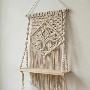 Premium Beige Macrame Wall Shelf With Wooden Rack For Home Decor Storage Display Boho Handmade Cotton Art Piece From India - Product Image 2