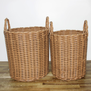 Set of 2 Plastic Natural Rattan Dustproof <b>Stackable</b> Round Woven Handmade Storage <b>Baskets</b> Kitchen Home Organizer - Product Image 6