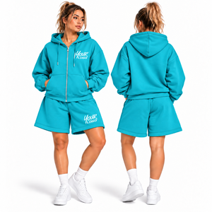 Women Fleece <b>Zip</b>-Up Hoodie and <b>Shorts</b> Set Casual Two Piece Sweatshirt Outfit Solid Color Loose Fit Spring Summer Wear - Product Image 1