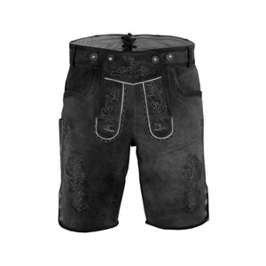 Wholesale Bavarian Lederhosen Shorts Black Leather <b>Mens</b> Shorts with Embroidery Custom Acid Wash High Waist Double Knee - Product Image 1