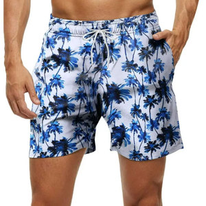 Short de bain pour homme à séchage rapide, imprimé palmiers bleus, avec cordon de serrage à la taille et poches, short de plage décontracté - Product Image 1