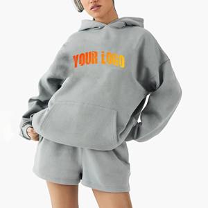 Ropa con Logotipo Personalizado para Mujer, Conjunto de 2 Piezas, Sudadera Holgada, Pantalones Cortos, Sudadera con Capucha de Felpa, Conjunto Corto para Mujer - Product Image 1