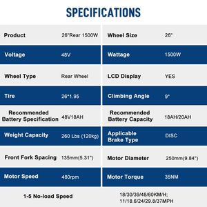 26in 1500W Rear Drive Black <b>Electric</b> Bicycle <b>Kit</b> with Modifying Tires - Product Image 5