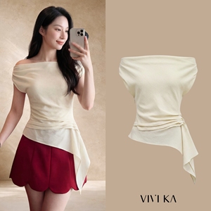 เสื้อเบลาส์ไหล่เฉียงสำหรับผู้หญิง สีพื้น ผ้าทอ ยืดหยุ่นได้ ใส่สบาย สไตล์มินิมอล สำหรับงานปาร์ตี้ ฤดูใบไม้ผลิ ฤดูร้อน รุ่น GINA - Product Image 1