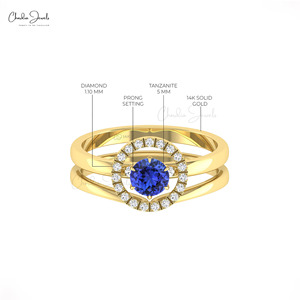 New Arrival 5mm Prong <b>Set</b> Tanzanite Stackable <b>Ring</b> In 14k Solid <b>Gold</b> Diamond Floral Wedding Band Top Wholesale Suppliers - Product Image 3