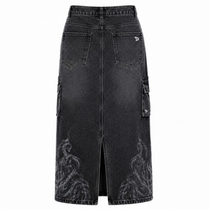 Jupe cargo en jean gothique pour femme, style Y2K, noire délavée, longueur midi, taille haute, poches utilitaires, rivets, streetwear - Product Image 2