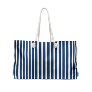 Navy White Vertical Stripes Weekender <b>Bag</b> Nautical <b>Beach</b> Tote <b>Large</b> Capacity Coastal Travel Overnight Carryall Womens Handbag - Product Image 2