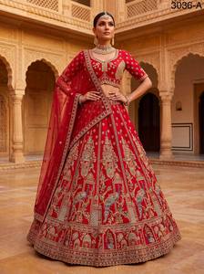 <b>Red</b> Floral Print Embroidered Organza Lehenga Choli with <b>Crop</b> <b>Top</b> and Dupatta Floor-Length A-Line for Bridesmaid 3036-A - Product Image 1