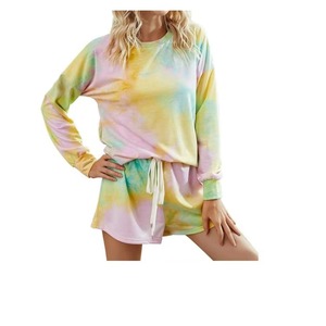 Conjunto de Top de Manga Larga con Estampado Tie Dye y Pantalones Cortos para Mujer, Cuello Redondo, Cordón Ajustable, Ropa Casual para Estar en Casa, Color Degradado Rosa y Amarillo, Atuendo de Verano - Product Image 2
