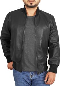 Chaqueta de Cuero Vacuno Negra para Hombre, Estilo Bomber, Cuello Alto, Cierre de Cremallera, Estilo Motero, Corte Regular, para Otoño, Tallas Grandes - Product Image 4