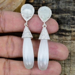Natural White Monalisa Quartz Drop With Pear Shape Gemstone <b>Handmade</b> Stud <b>Earrings</b> 925 Sterling Silver - Product Image 1