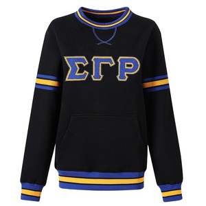 เสื้อสเวตเชิ้ต Sigma Gamma Rho Chenille ลายตัวอักษรกรีกสำหรับผู้หญิง สีดำ ทอง น้ำเงิน ลายทาง มีกระเป๋า คอกลม เสื้อพูลโอเวอร์สำหรับชมรมนักศึกษา - Product Image 1