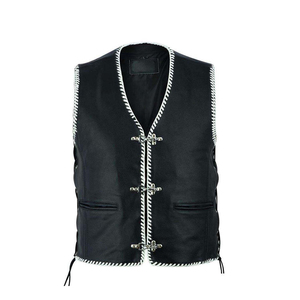 Gilet moto en cuir noir pour homme, col en V, fermeture à boutons-pression, couleur unie, vêtement d'extérieur d'hiver, coupe classique - Product Image 1
