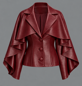 Women Burgundy <b>Leather</b> Ruffle Sleeve Fitted <b>Blazer</b> <b>Jacket</b> Peplum Button Front Fashion Coat - Product Image 3