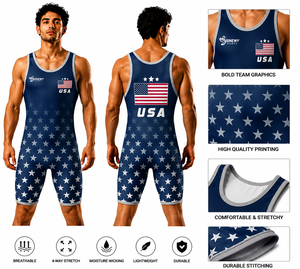 SINEWY SPORTS Singlet de lutte pour hommes USA, imprimé par sublimation, ajusté, une pièce, en spandex et polyester, respirant, extensible, séchage rapide - Product Image 1