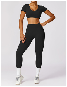 2 Piece Yoga Set Square Neck Long Sleeve Crop Top High Waist Full Length <b>Leggings</b> Seamless Racerback Sport Wear - Product Image 5