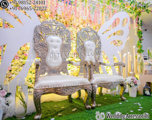 เก้าอี้งานแต่งงานอินเดียสไตล์บอลลีวูดสีเงิน เก้าอี้บัลลังก์งานแต่งงานสำหรับพระราชาและพระราชินี เก้าอี้เจ้าสาวสุดหรู ชุดเก้าอี้จากนิวซีแลนด์ - Product Image 3