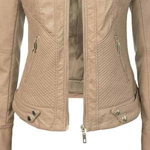 Blouson moto en cuir PU marron pour femme, manches longues, col montant, fermeture éclair, couleur unie, style motard, pour l'automne - Product Image 5
