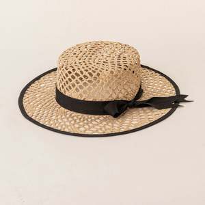 Sombrero de Paja Rafia Hecho a Mano, Estilo Europeo Americano, Primavera-Verano, con Copa Plana, Decoración de Lazo Hueco, Casual - Product Image 4