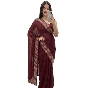 ผ้าซารีสำหรับผู้หญิงผู้ใหญ่ ผ้าจอร์เจตต์ชัทไน์ พรีเมียม พร้อมขอบผ้าไหมจอร์เจตต์แท้ และงานปักทั่วผืน - Product Image 1