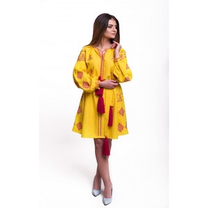 Nouvelle Robe Femme 2026 – Style Bohème en Coton et Lin Jaune Brodé, Col Rond, Dentelle Douce – Meilleur Design Broderie Ukraine - Product Image 1