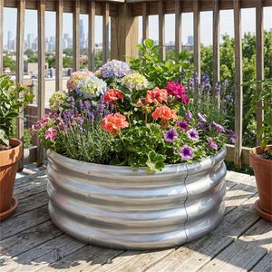 Fioriera Rotonda Rialzata in Acciaio Zincato 24x24x11.5 Pollici per Orto Esterno, Ideale per Verdure, Erbe Aromatiche e Fiori - Product Image 2