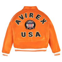 Blouson Bomber Homme Avirex en Cuir de Vachette Orange Imperméable avec Fermeture Éclair, Patch Brodé, Col Rond, Style Décontracté Urbain Hiver