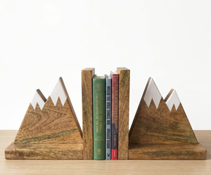 Wooden Mountain <b>Bookends</b> Set Of 2 Rustic Handcrafted Triangle Shape With Snow Cap Design For Bookshelf Decor - Product Image 6