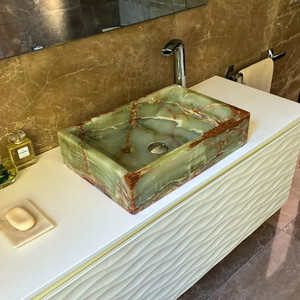 Dark Green Onyx Rectangle Shaped Vessel Sink Natural Stone Basin Brushed Finish Fire Resistant Contemporary Kitchen Dining Bathr - Product Image 2