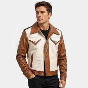 OEM ODM Two Tone Panel Sheepskin <b>Biker</b> Leather <b>Jacket</b> Custom Men's <b>Vintage</b> Retro Contrast Trucker <b>Jacket</b> Manufacturer Wholesale - Product Image 3