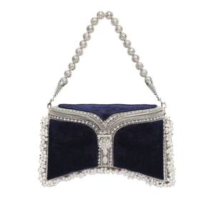 กระเป๋าคลัทช์เจ้าสาวกำมะหยี่สีกรมท่า แต่งขอบสีเงิน พร้อมหูจับมุก กระเป๋าทรงแข็งสำหรับงานกลางคืน ขายส่งแบบ OEM - Product Image 1