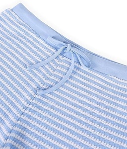 Women's Striped Knitted Crop <b>Top</b> And Shorts Set Off Shoulder Sleeveless Drawstring Waist Blue White Two Piece Outfit - Product Image 2