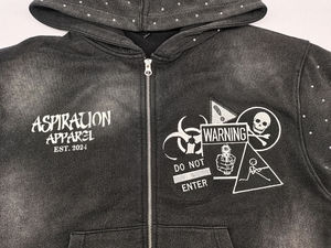 Sweat à capuche zippé court en molleton de coton pour homme, personnalisable, délavé à l'acide, avec broderie, appliqué, patch et strass - Product Image 5