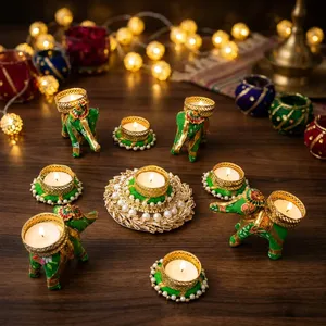 Juego de Portavelas de Elefante Verde Hechos a Mano con Detalles en Perlas Doradas para Diwali, Bodas, Pooja y Decoración Festiva del Hogar - Product Image 1