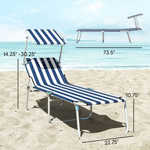 Outdoor <b>Pool</b> Folding <b>Tanning</b> Lounge Chair with Sun Shade Blue and White Aluminum Frame Olefin Cushion for <b>Tanning</b> by the <b>Pool</b> - Product Image 3