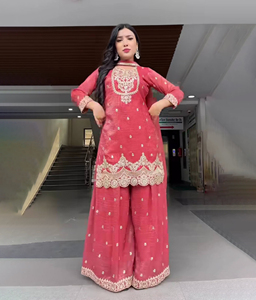 Latest Indian Embroidery Sharara Gharara <b>Kurti</b> Set, Silk Fabric Gorgeous Pakistani Designer Customize Ethnic Wear - Product Image 1