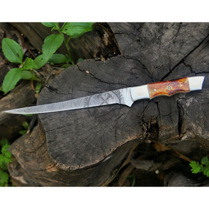 Nouvelle édition, couteau de filetage de poisson en acier Damas fait main sur mesure avec manches en os de chameau brûlé, couteau de cuisine à lame fixe - Product Image 1